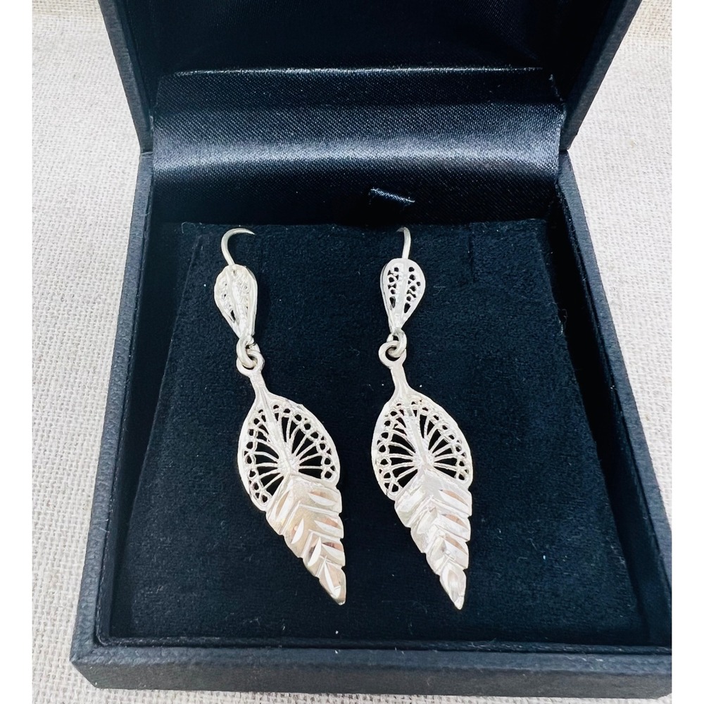Vintage Sterling Silver 925 Filigree Leaf Drop Dangle Earrings Boho Jewelry